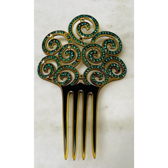 Antique Ornate Celluloid Hair Comb Green Rhinestones Art Nouveau - Picture 1 of 16